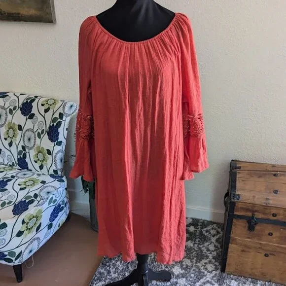 Indigo Rose Dress - Size 3X-, Shift Style, 3/4 Sleeve, Ruffle Detail,Knee Length - Picture 1 of 7